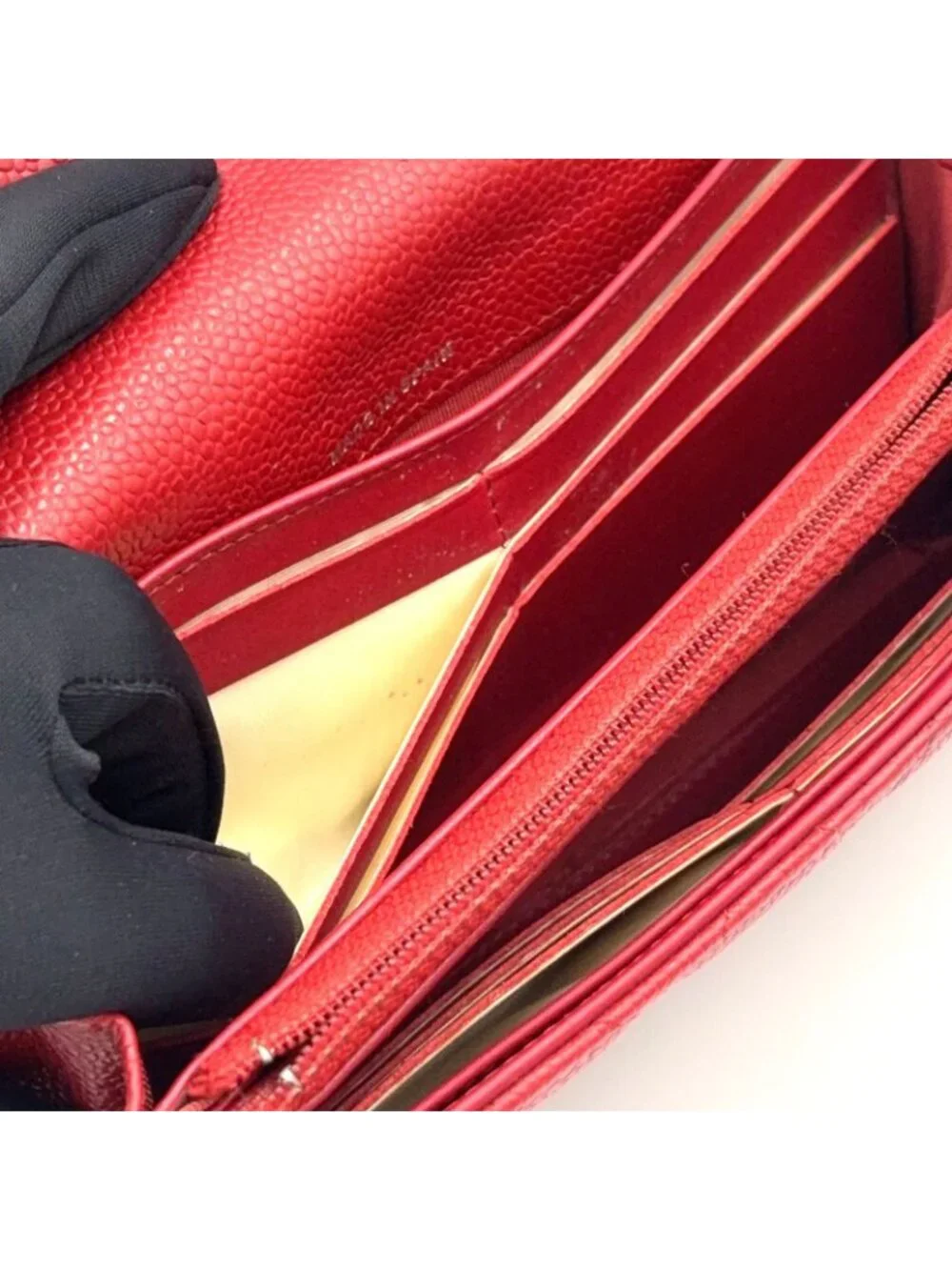 Chanel Quilted Caviar Leather Red Wallet Silver
